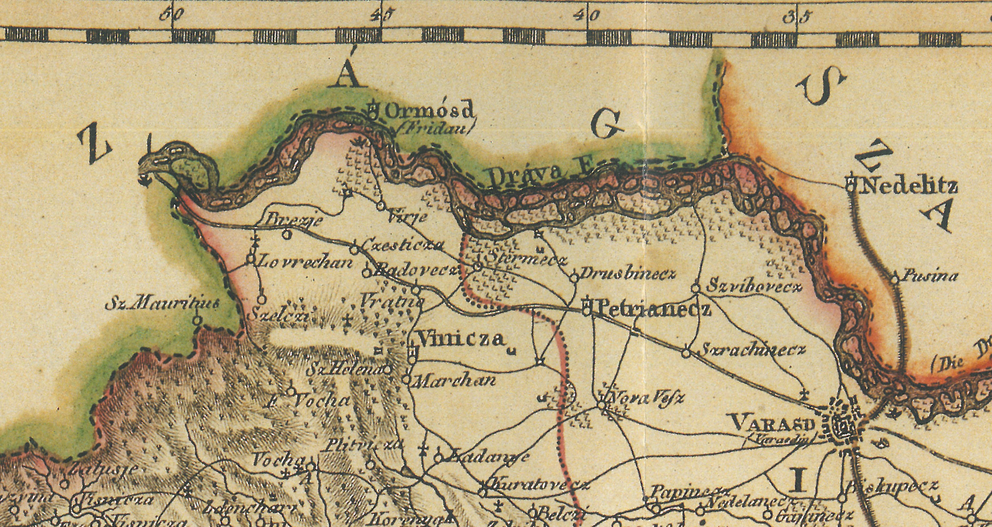 Slika 1: Tok reke Drave na štajersko-hrvaški meji konec 18. stoletja