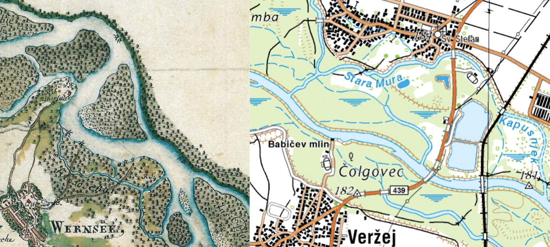 Picture 3: Mura river near Veržej on the First Military Survey map (1763-1787) and the contemporary situation.