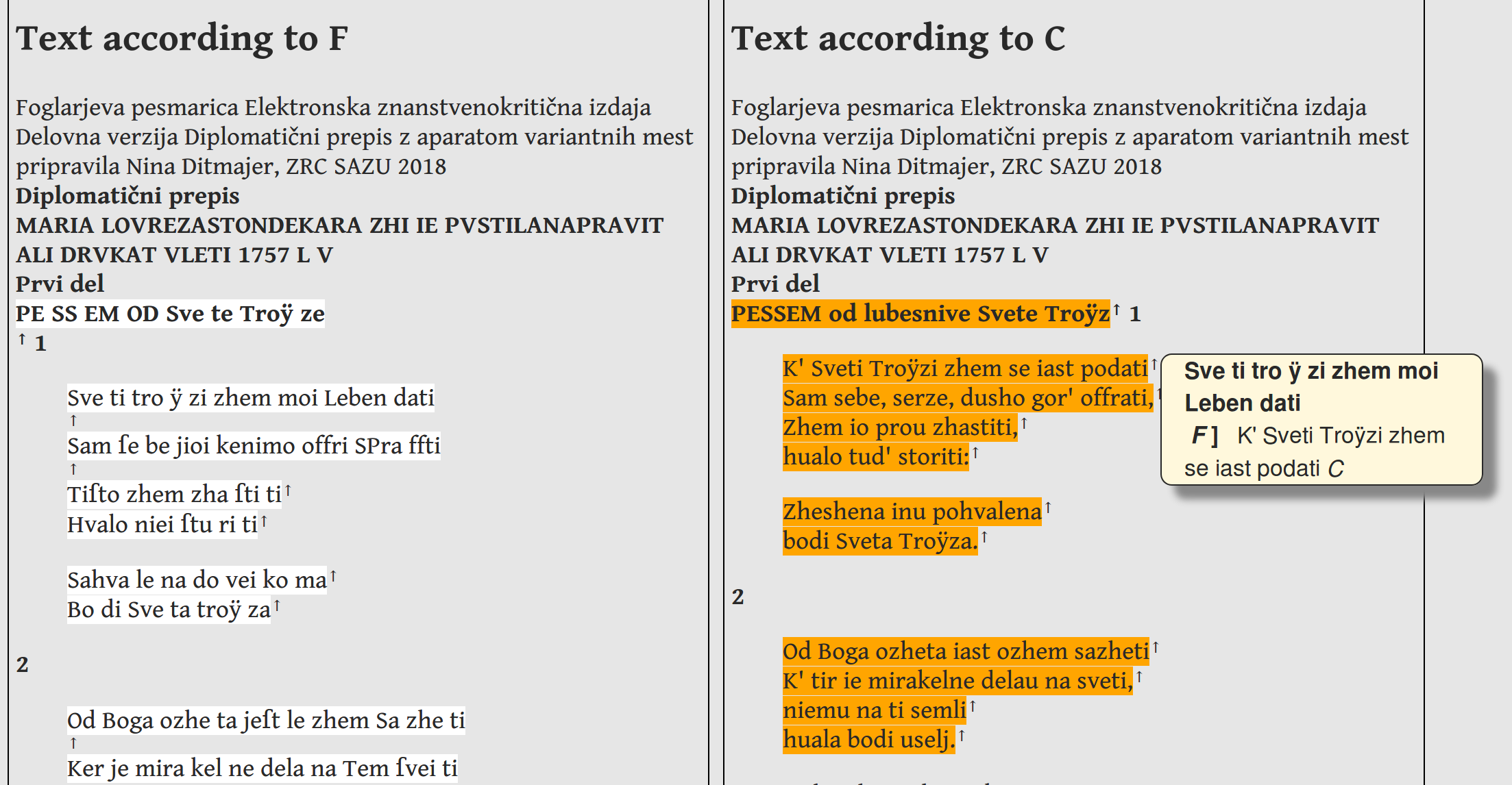 Figure 5: TEI CAT enables the critical editor to view a parallel display
                        of the main text and the selected versions.