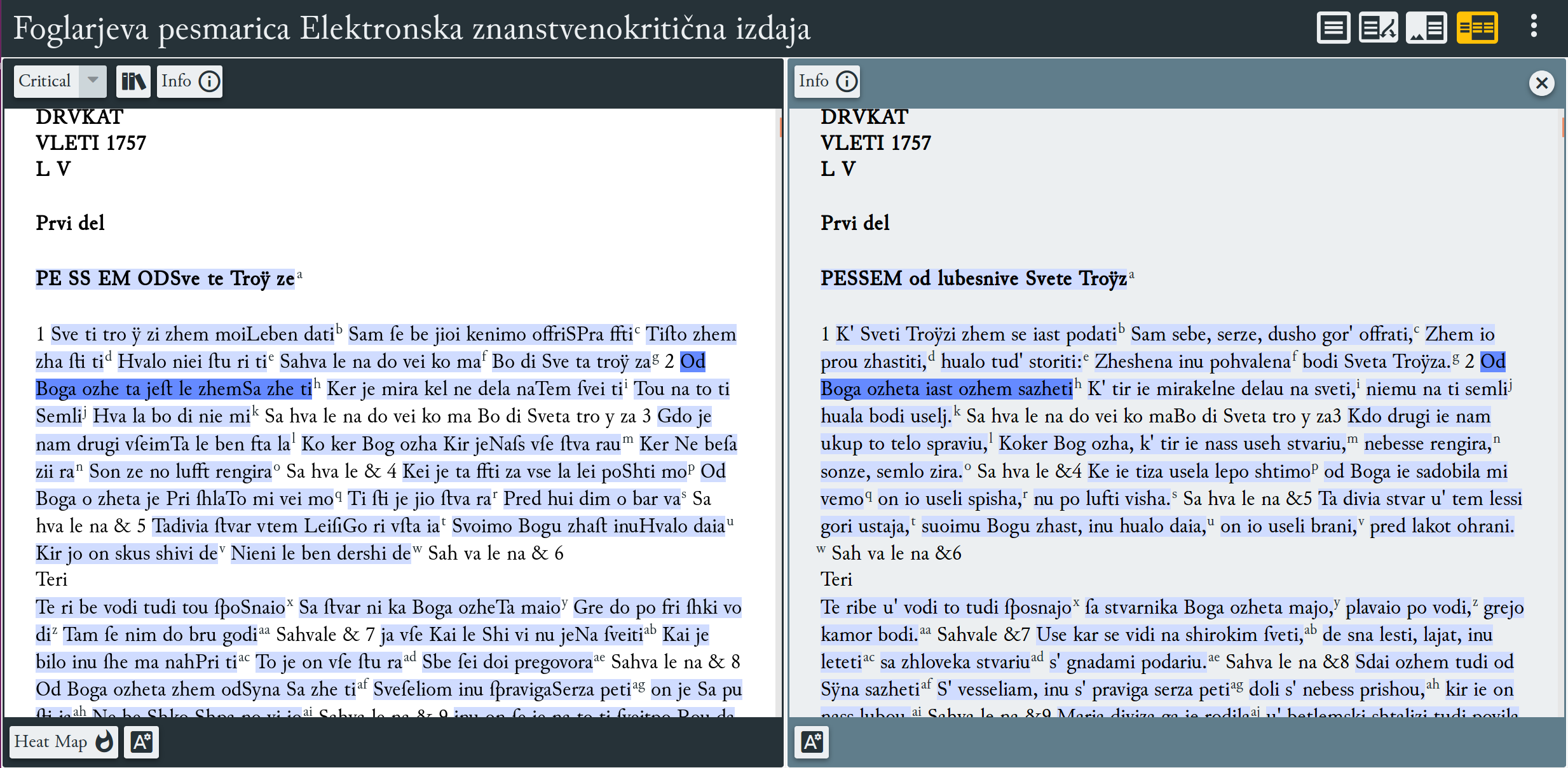 Figure 6: The EVT tool enables a number of dynamic ways to display the
                        digital scholarly edition, e.g., by showing the main text on the left and
                        the selected version of it on the right.