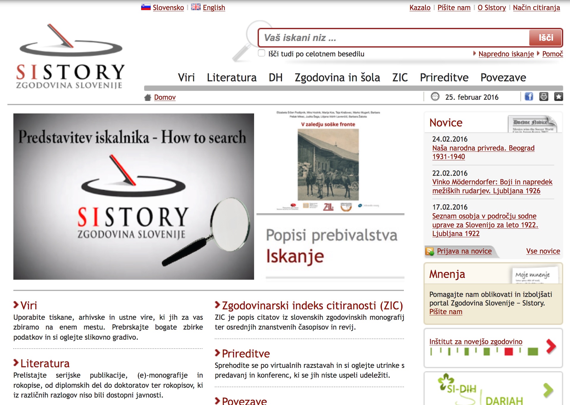 Figure 1: Home page of the History of Slovenia – SIstory portal of
                        2016