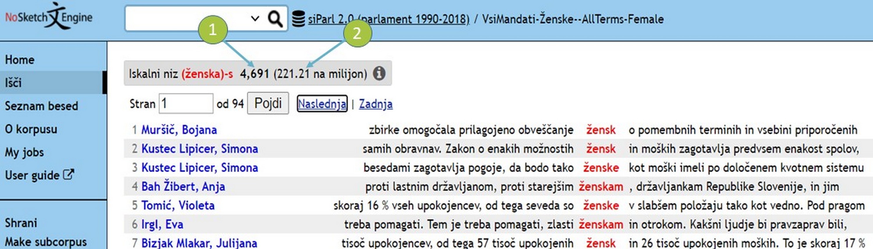 Slika 10: Začetek konkordančnega niza za lemo samostalnika »ženska« z
                           absolutno frekvenco (številka 1) in normalizirano frekvenco (številka
                           2).