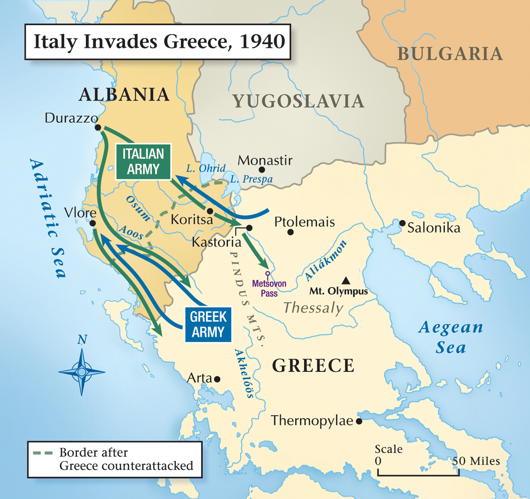  Smeri napada Italije na Grčijo leta 1940
                            in smeri protiudara grške vojske