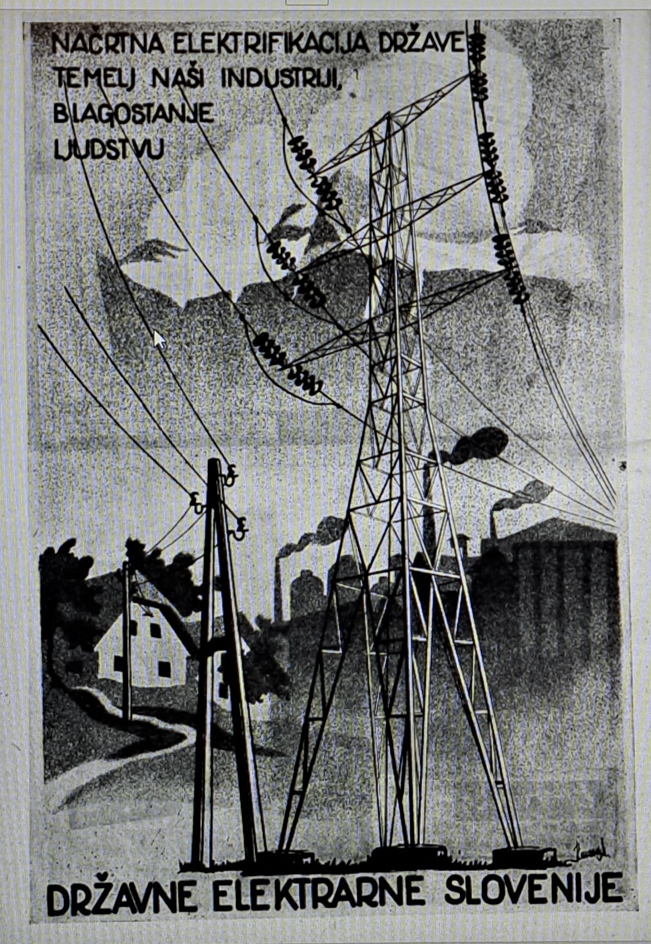 Slika 4: Oglas v Koledarju OF Slovenije leta 1948 o načrtni
                        elektrifikaciji kot temelju industrije in blagostanju ljudstva 