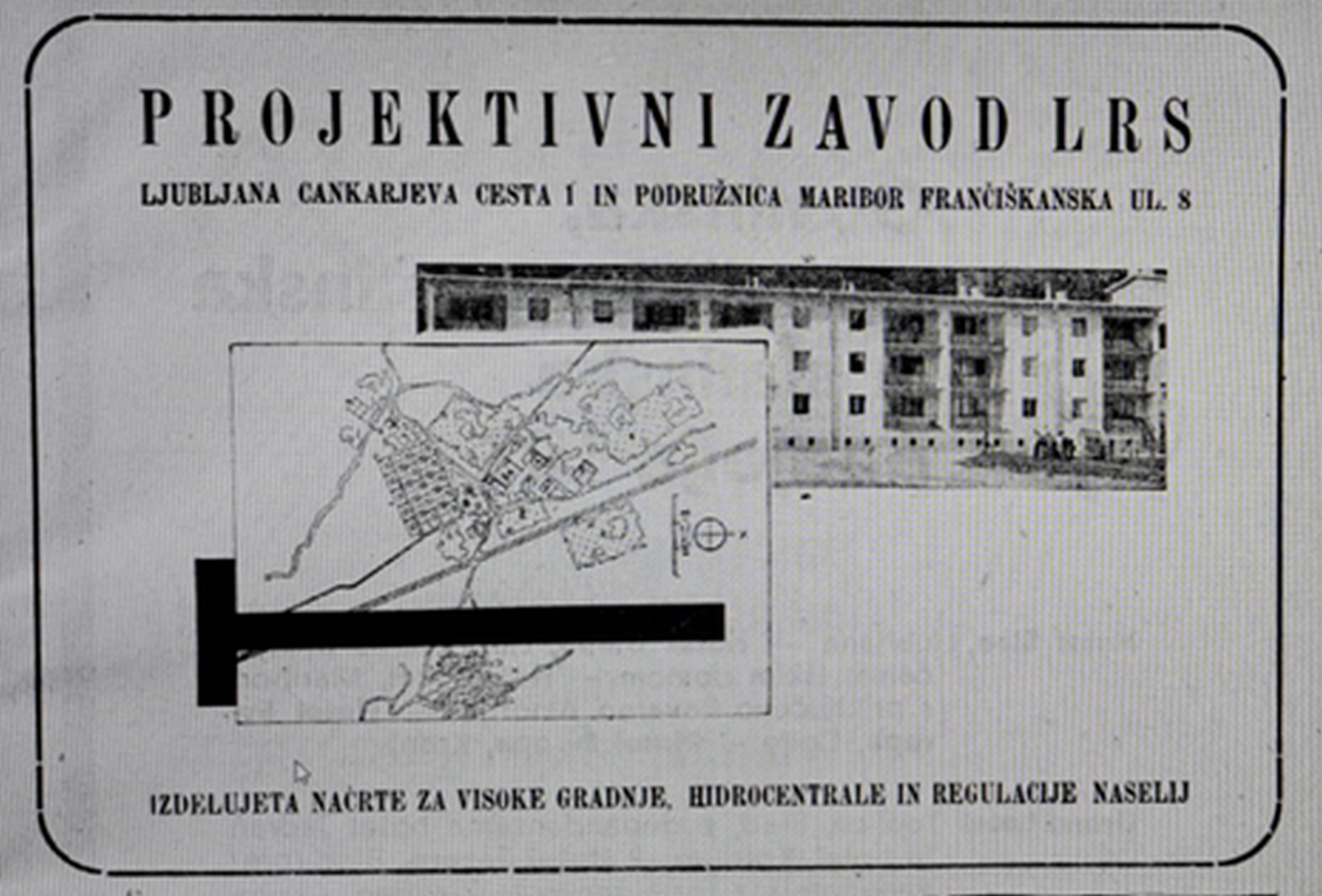 Slika 5: Oglas v Koledarju Osvobodilne fronte Slovenije leta 1948 za
                        Projektivni zavod LRS, ki je izdeloval načrte za visoke gradnje,
                        hidrocentrale in regulacije naselij. 