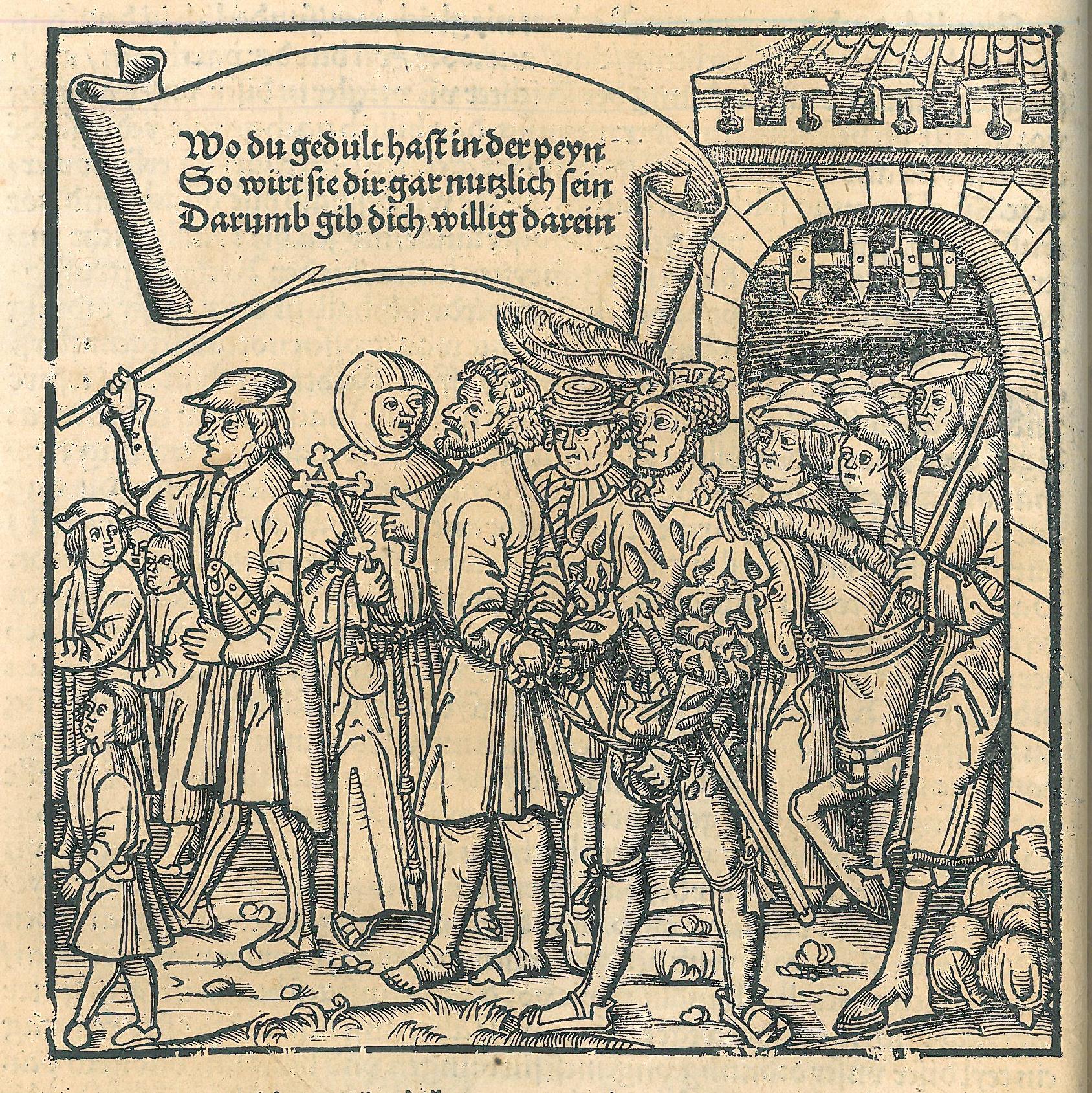 Slika 4: Lesorez št. 12: Obsojenca pripeljejo na kraj usmrtitve (stran
                        50). Sodnik na konju med odhodom na morišče, Bambergische Halßgericht und
                        rechtlich Ordnung