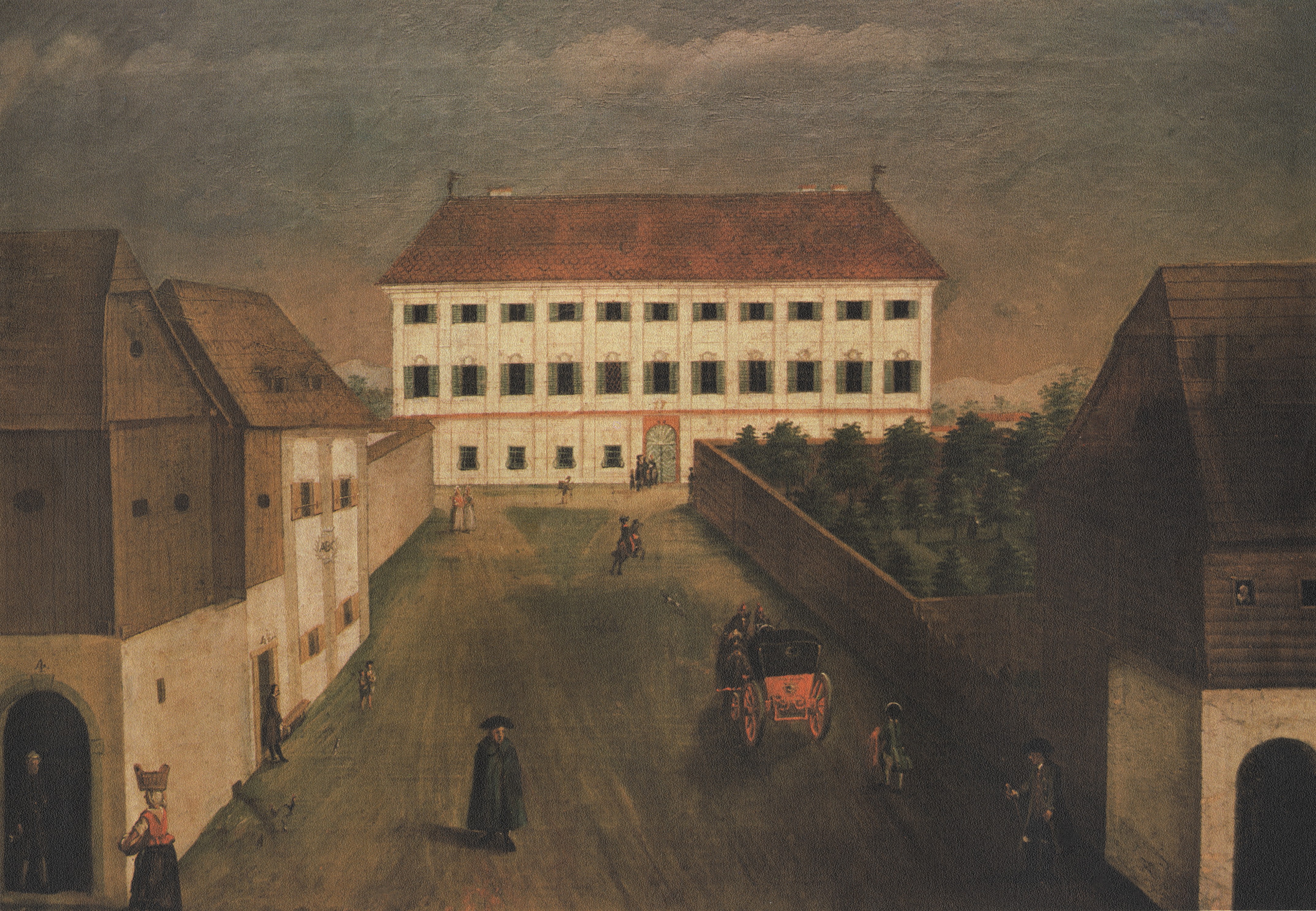 Slika 2: Valentin Metzinger: Novo župnišče v Kranju, 1759, olje na
                            platnu. Na levi so pokopališki zid, mežnarija in šola z lesenima
                            nadstropjema in strehama (danes jih ni več); desno sta sadovnjak in
                            pollesena hiša Gašperja Beje (danes Glavni trg 7).