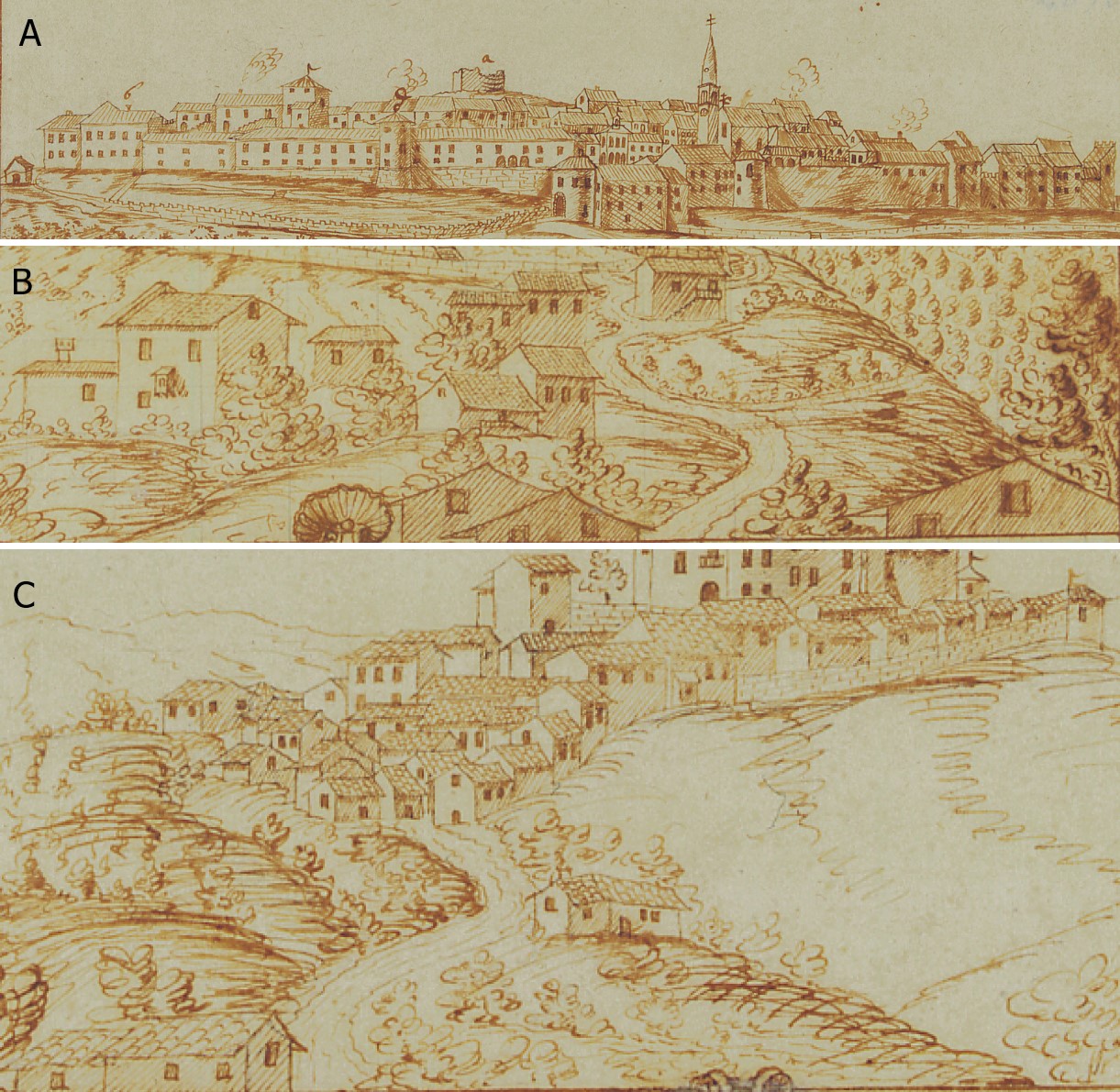 Slika 3: Strehe v Štanjelu (A), Braniku (B) in Taboru nad Dornberkom (C),
                        G. Capellaris, 1752 (detajli po Panjek, , 19 in 59 ter Panjek, O mejnosti Goriške, 169) 