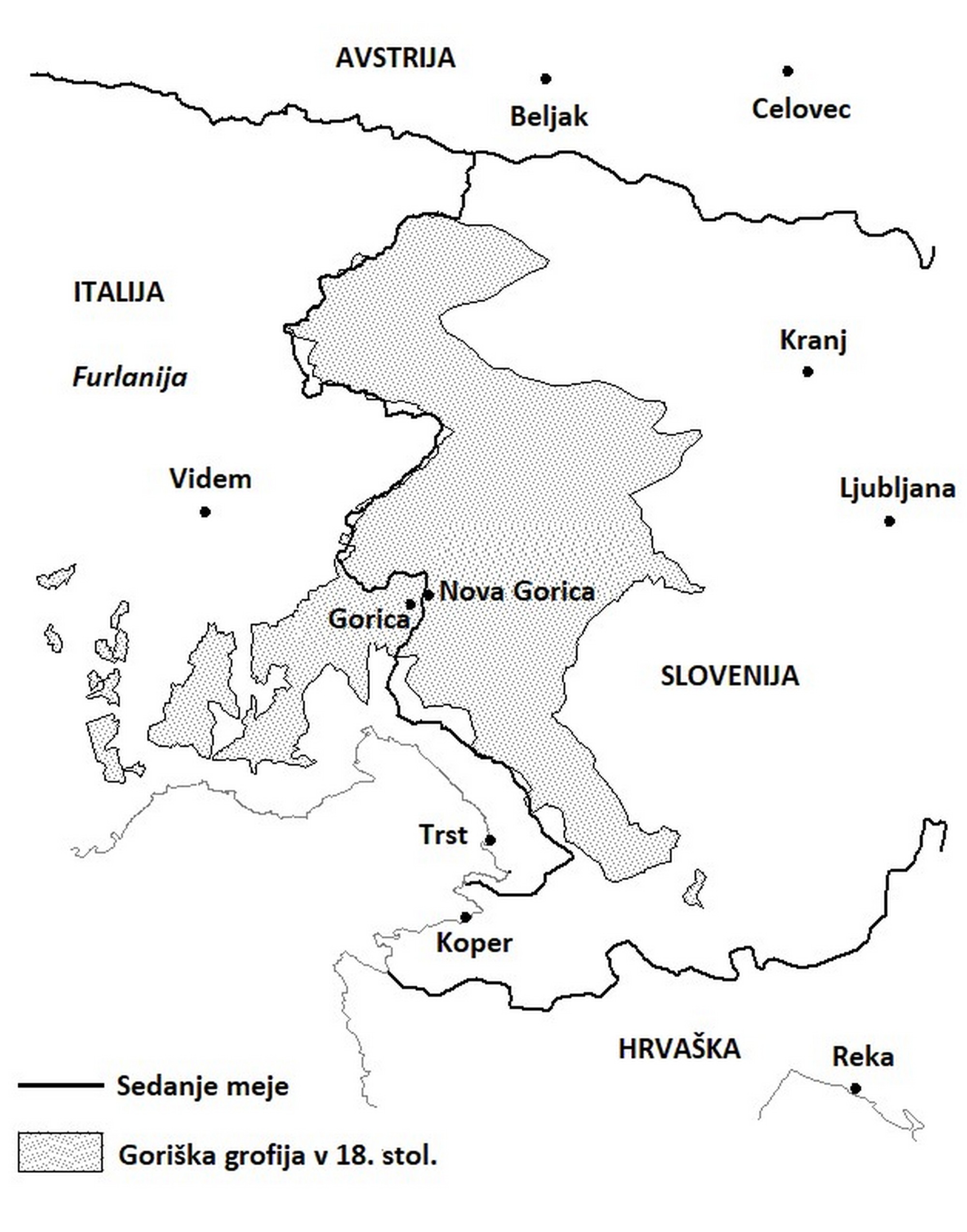 Slika 1. Ozemlje in meje goriške grofije konec 18. stoletja in današnja
                        slovensko-italijanska državna meja