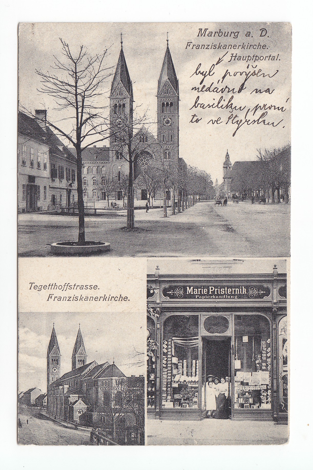 Figure 1: A picture postcard from Maribor/Marburg. In the lower right, Marie Pristernik’s stationery shop with postcards in the shop windows. , produced most likely by Marie Pristernik, sent in 1904 from Maribor/Marburg to Carniola.