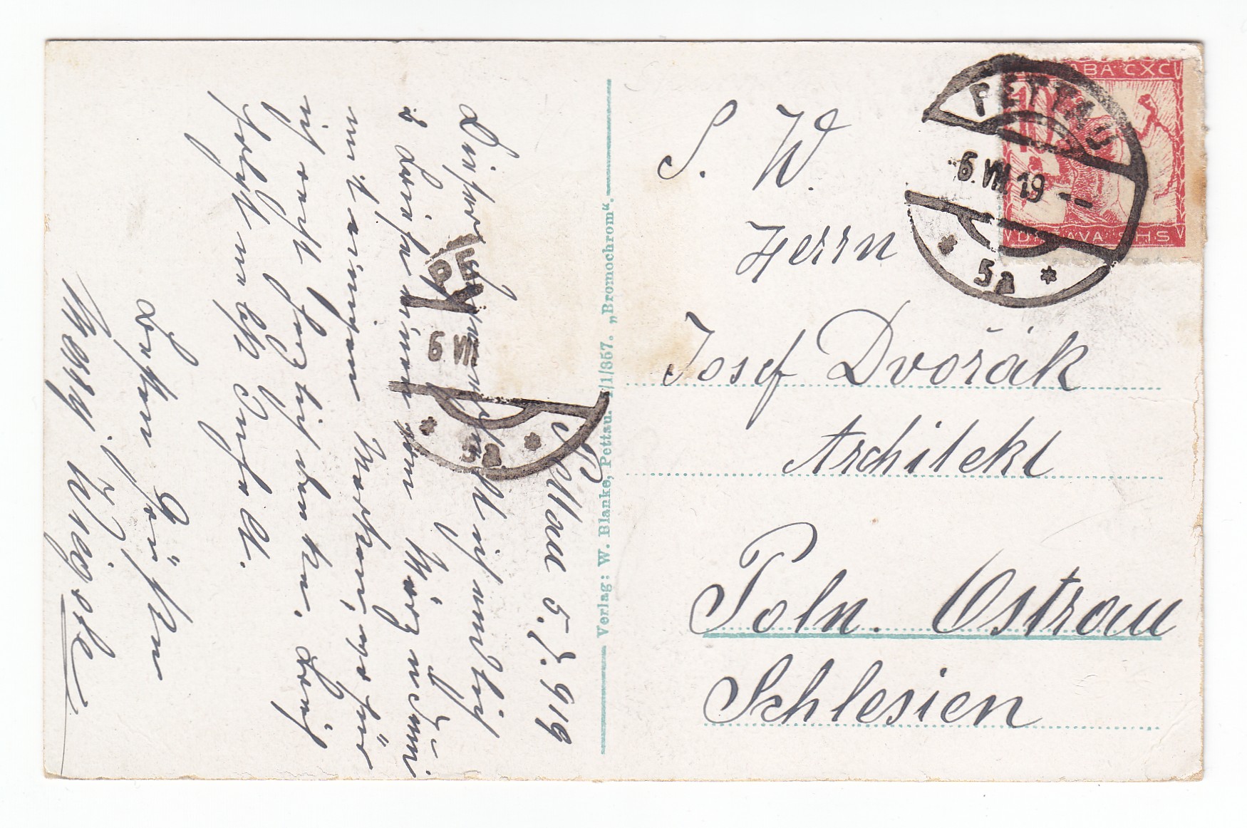 Figure 8 and 9:  [stamped over after 1918] producer , produced before 1918, sent in 1919 from Ptuj/Pettau to Silesia.