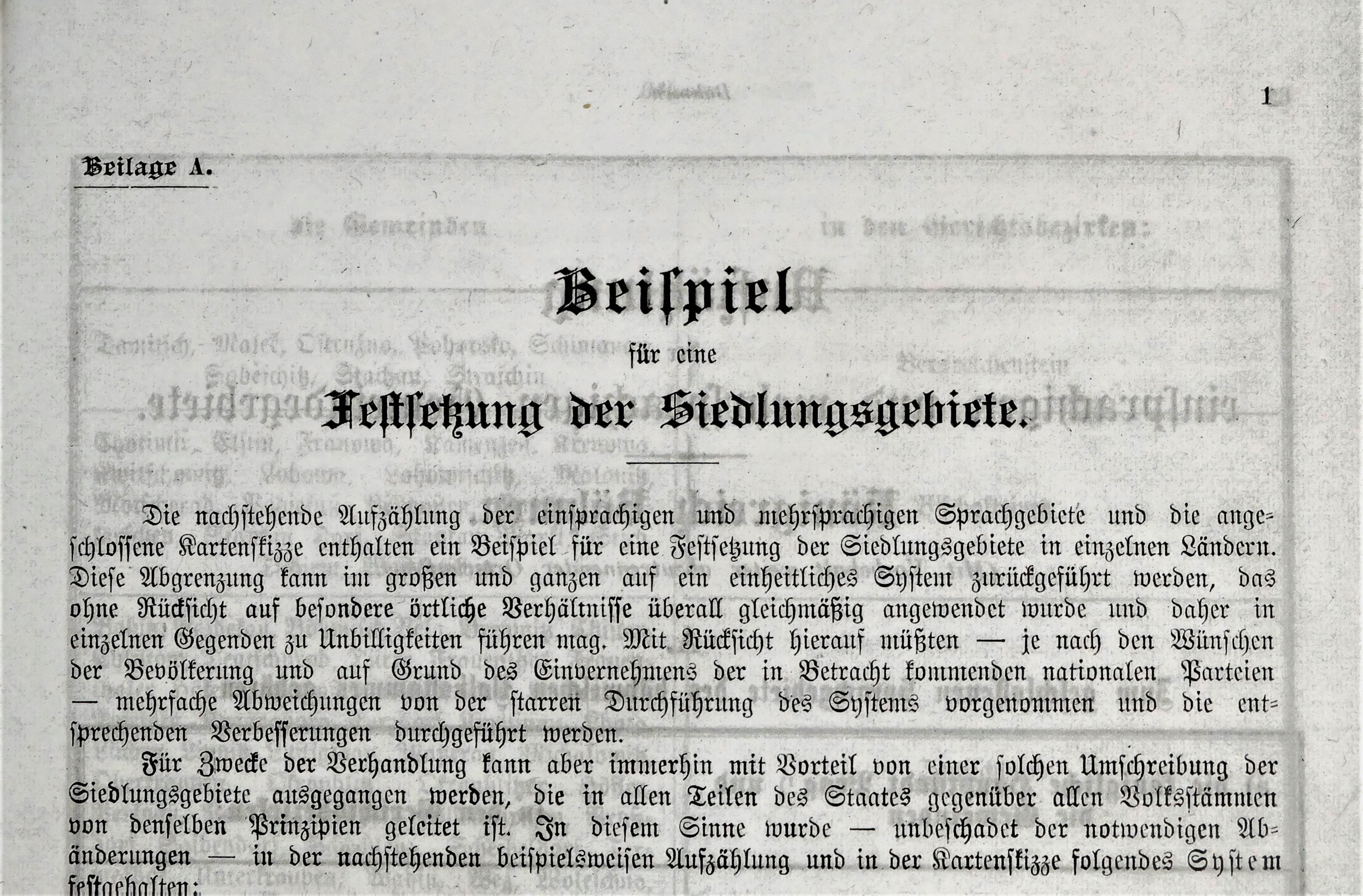 Slika 7:  Glava najpomembnejšega dokumenta, pogrešane Priloge A, ki vsebuje poskus razdelitve vsej dežel avstrijske polovice v t. i. »naselitvena ozemlja« (Siedlungsgebiete) na podlagi jezika prebivalstva in zaradi tega pripravljenega v strogi tajnosti; najdena je pri Žolgerju in v snopiču z 18. aprila 1918.