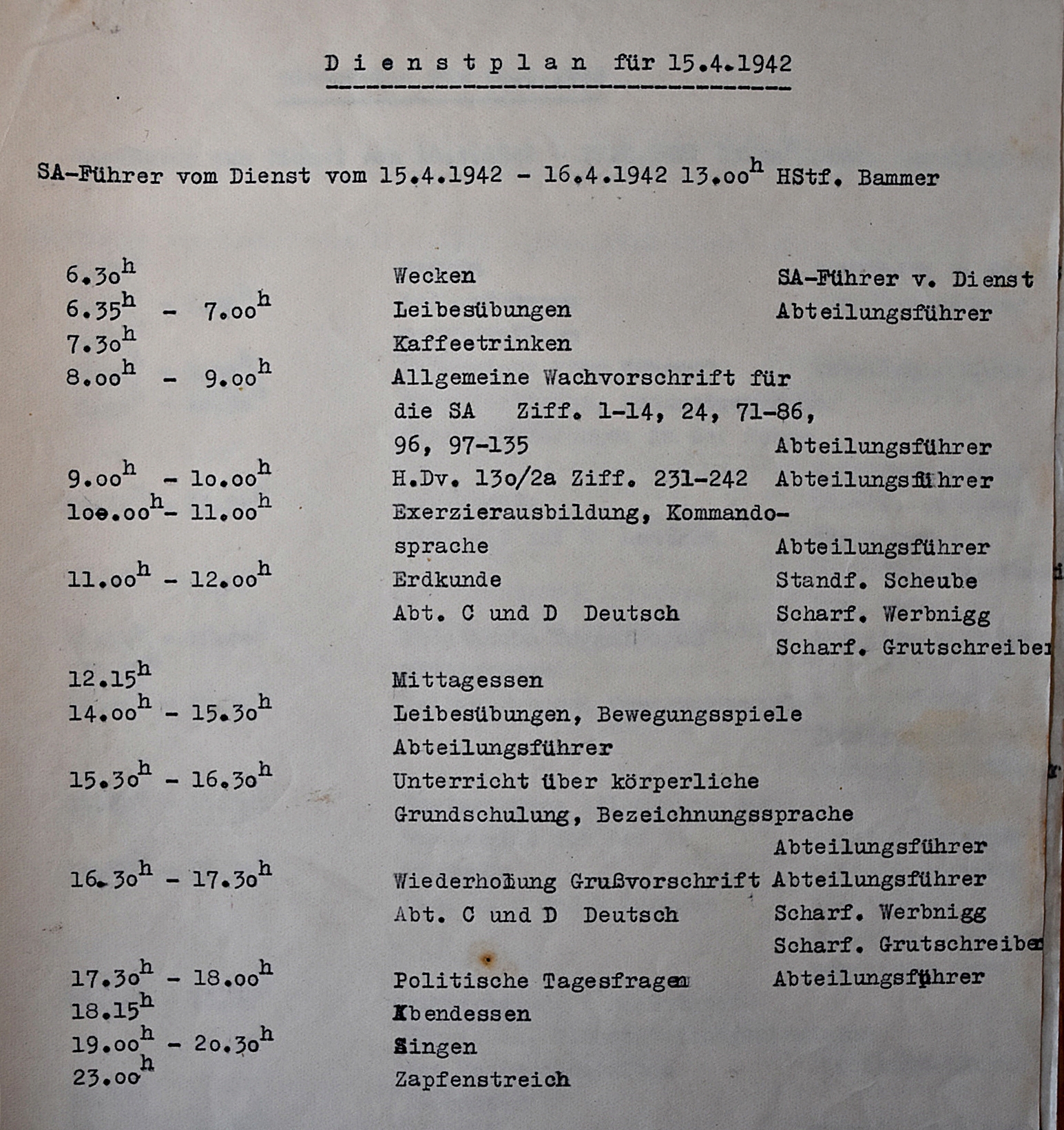 Slika 7: Primer dnevnega razporeda dela in aktivnosti za 15. april 1942 na grupni šoli vodij vermanšafta SHB v Rogaški Slatini. 