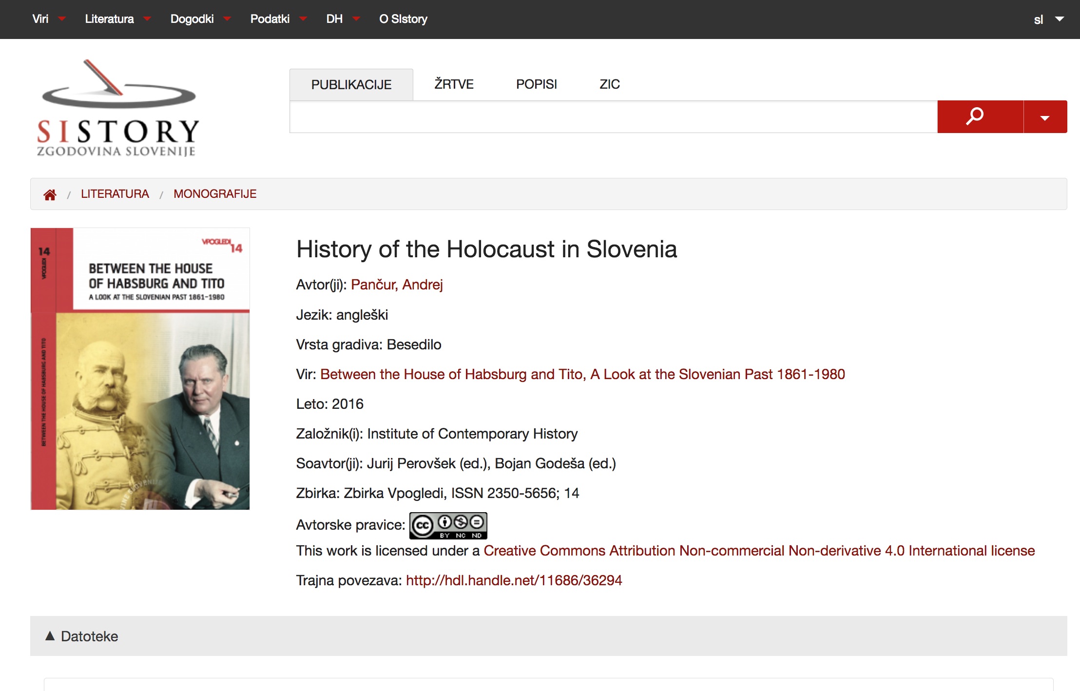 Figure 3: Top navigation menu, search bar, and metadata page of the
                        SIstory portal