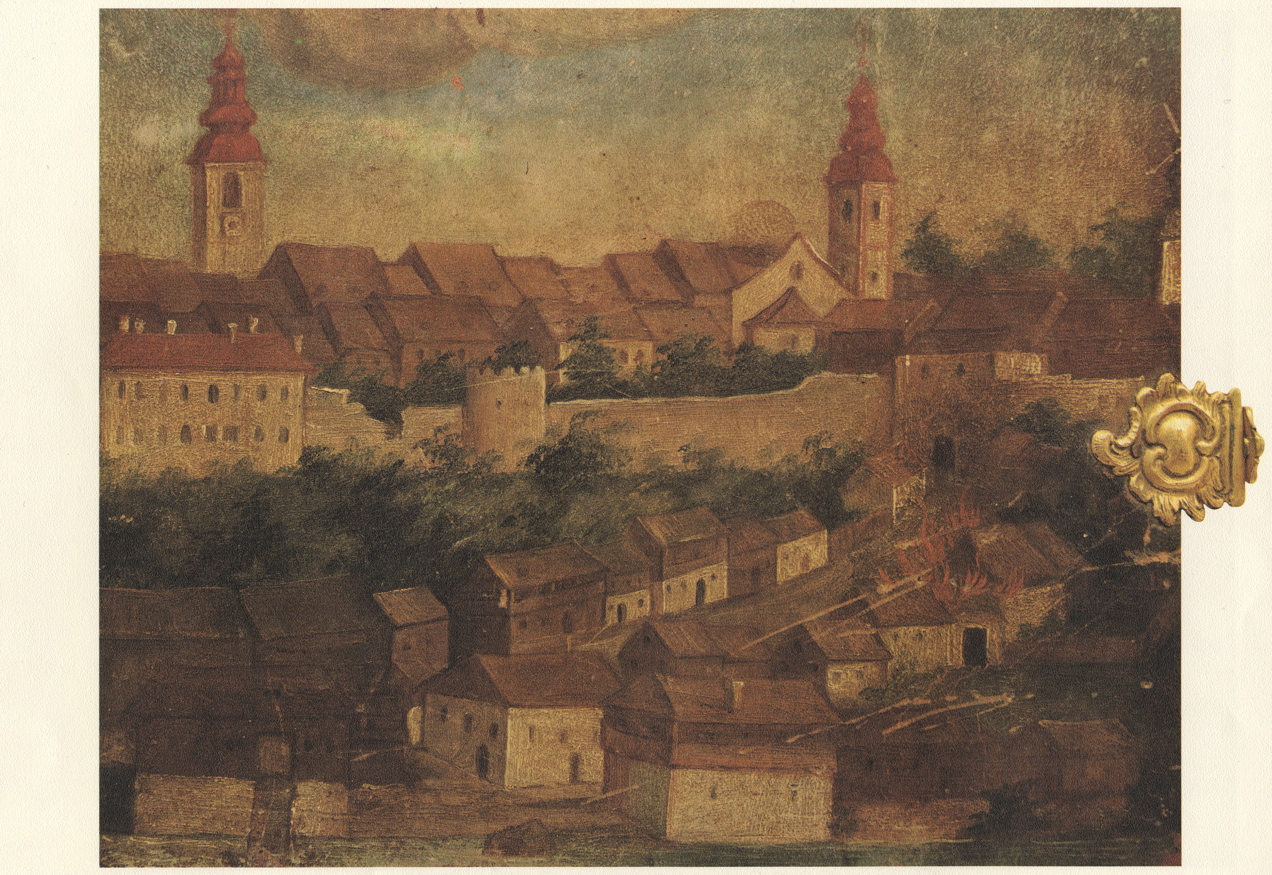 Slika 3: Marko Layer Izsek iz slike »Sv. Florijan
                        gasi požar v Savskem predmestju«: pogled na dvorec Khislstein, Roženvensko
                        cerkev in (pol)lesene hiše od mitnice na savskem mostu ter »pod mestnimi
                        spodnjimi vrati« (današnja Vodopivčeva ulica), okoli leta 1772