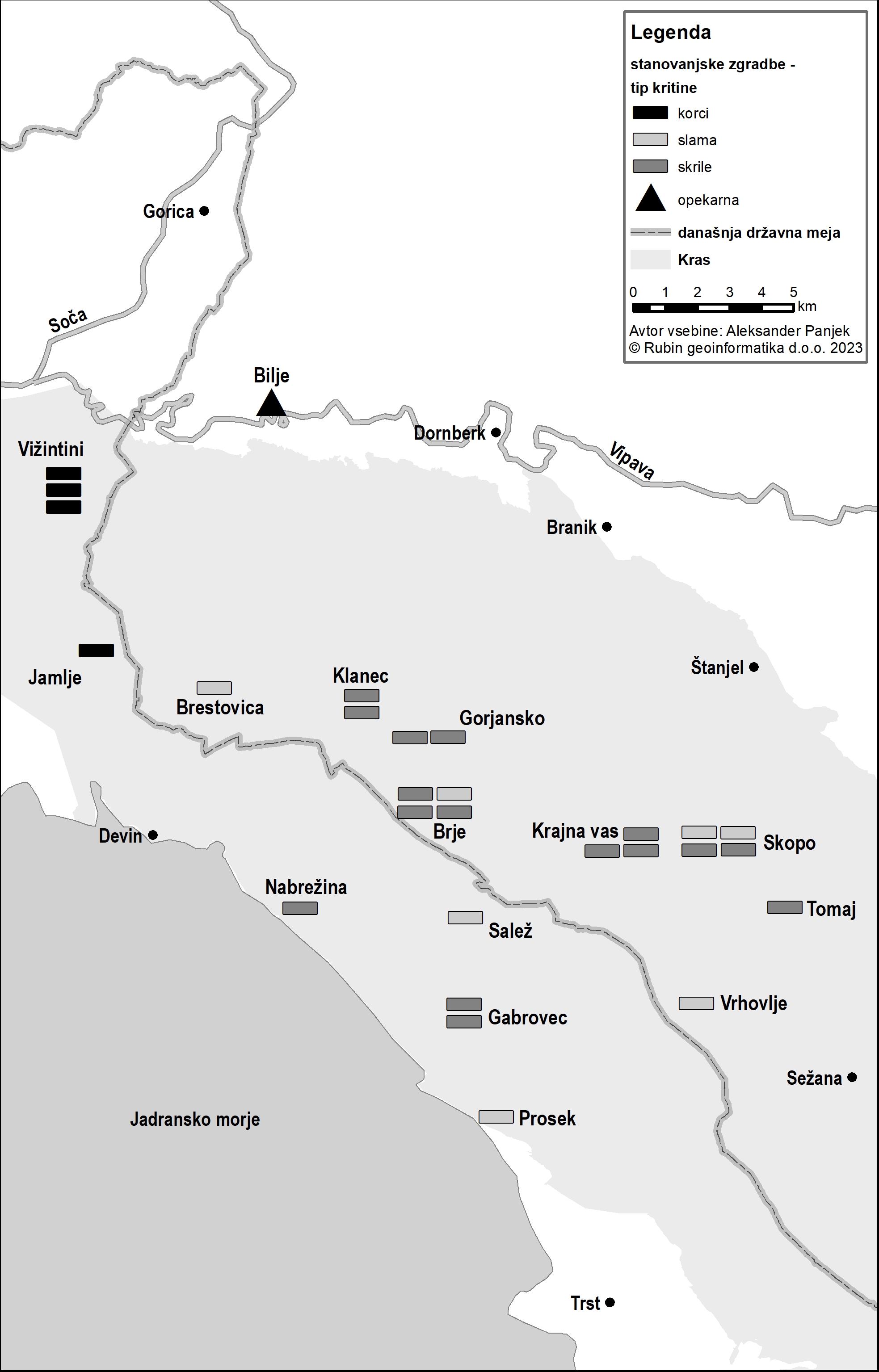 Slika 5: Prevlada skril in osredotočenost korcev: razširjenost vrst kritin
                        samo na stanovanjskih poslopjih (1748–1756)
