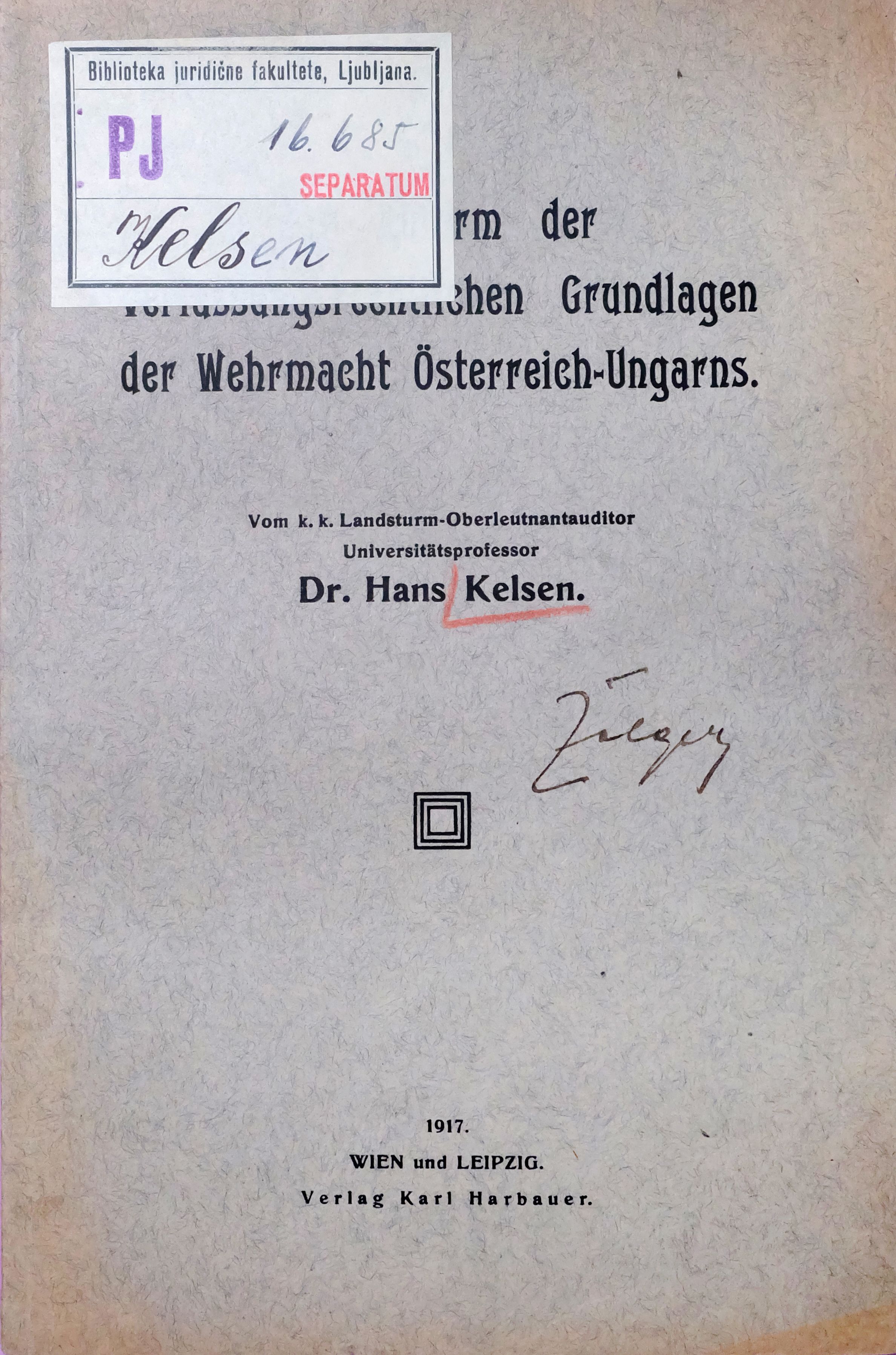 Slika 2: Izsek iz naslovnice Kelsnove razprave o statusu
                        avstro-ogrske vojske z Žolgerjevim podpisom.