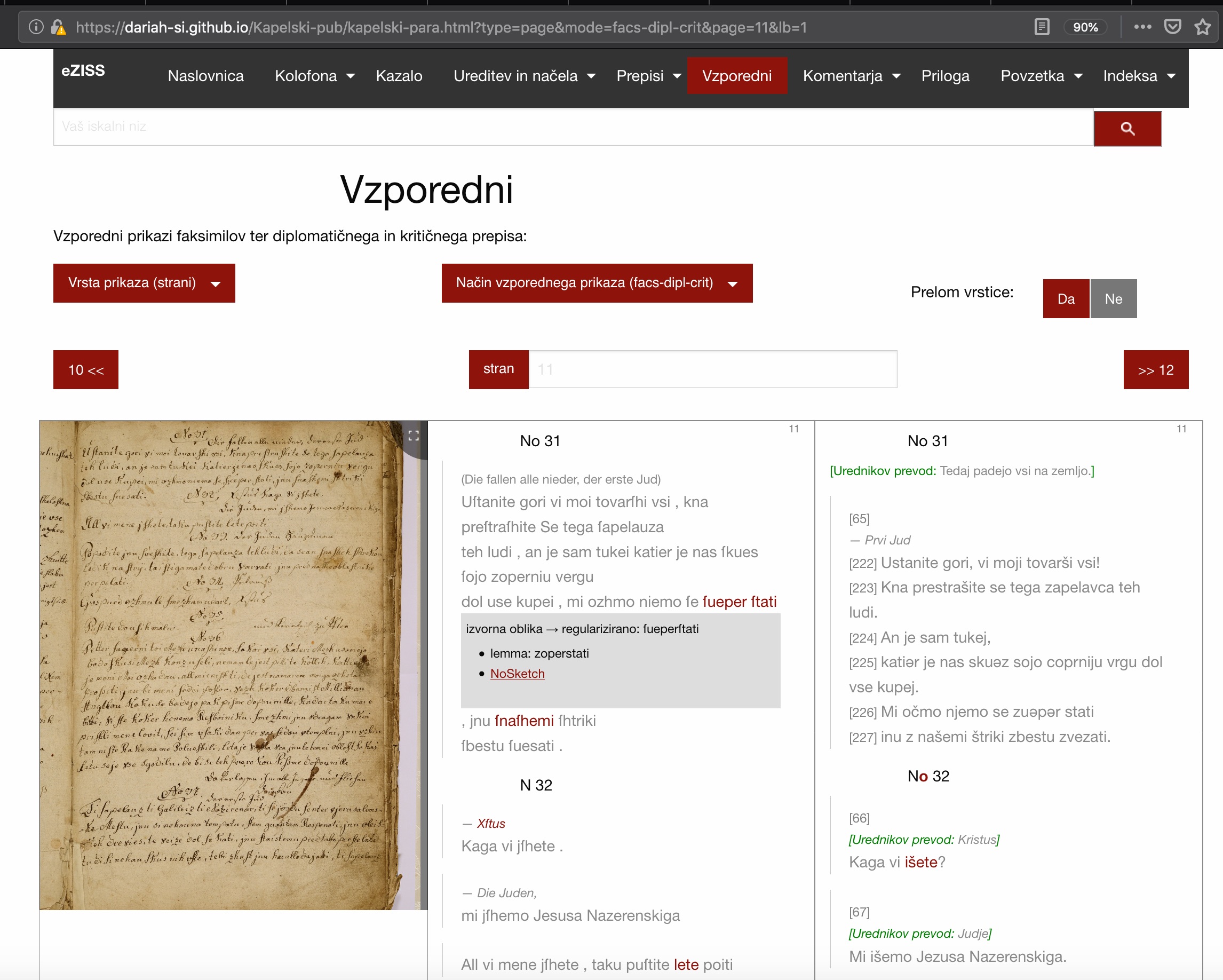 Figure 10: The simultaneous display of facsimiles, diplomatic
                        transcription, and critical transcription of the  passion play.