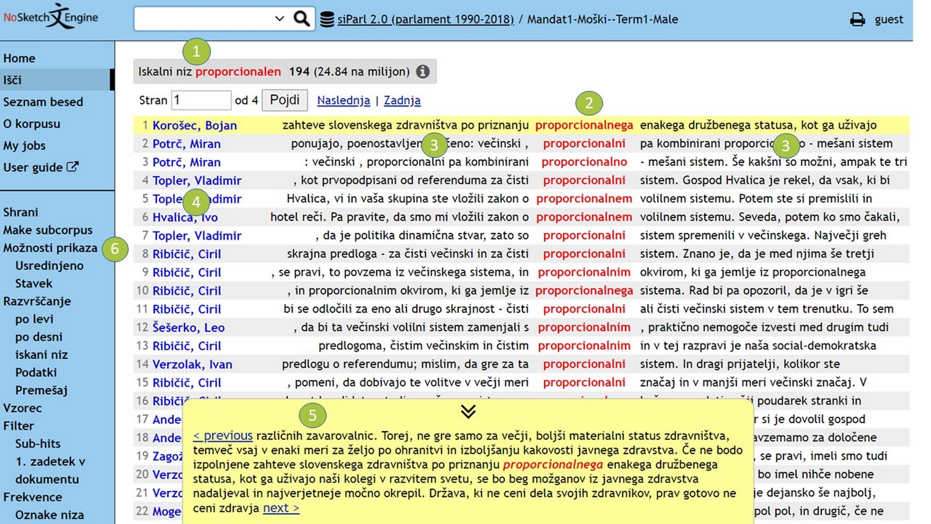 Slika 9: Razširjeni kontekst za prvi zadetek v 
                           
                           
                           za ključno besedo »proporcionalen«.