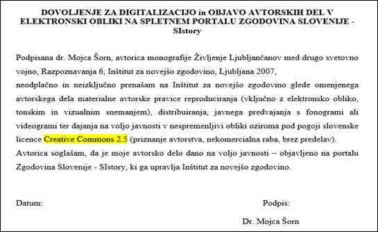 Slika 1: Obrazec za pridobivanje soglasja avtorjev z licenco Creative
Commons 2.5