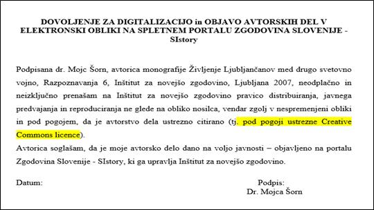 Slika 2: Primer dovoljenja s prenovljenim delom o licencah Creative
Commons
