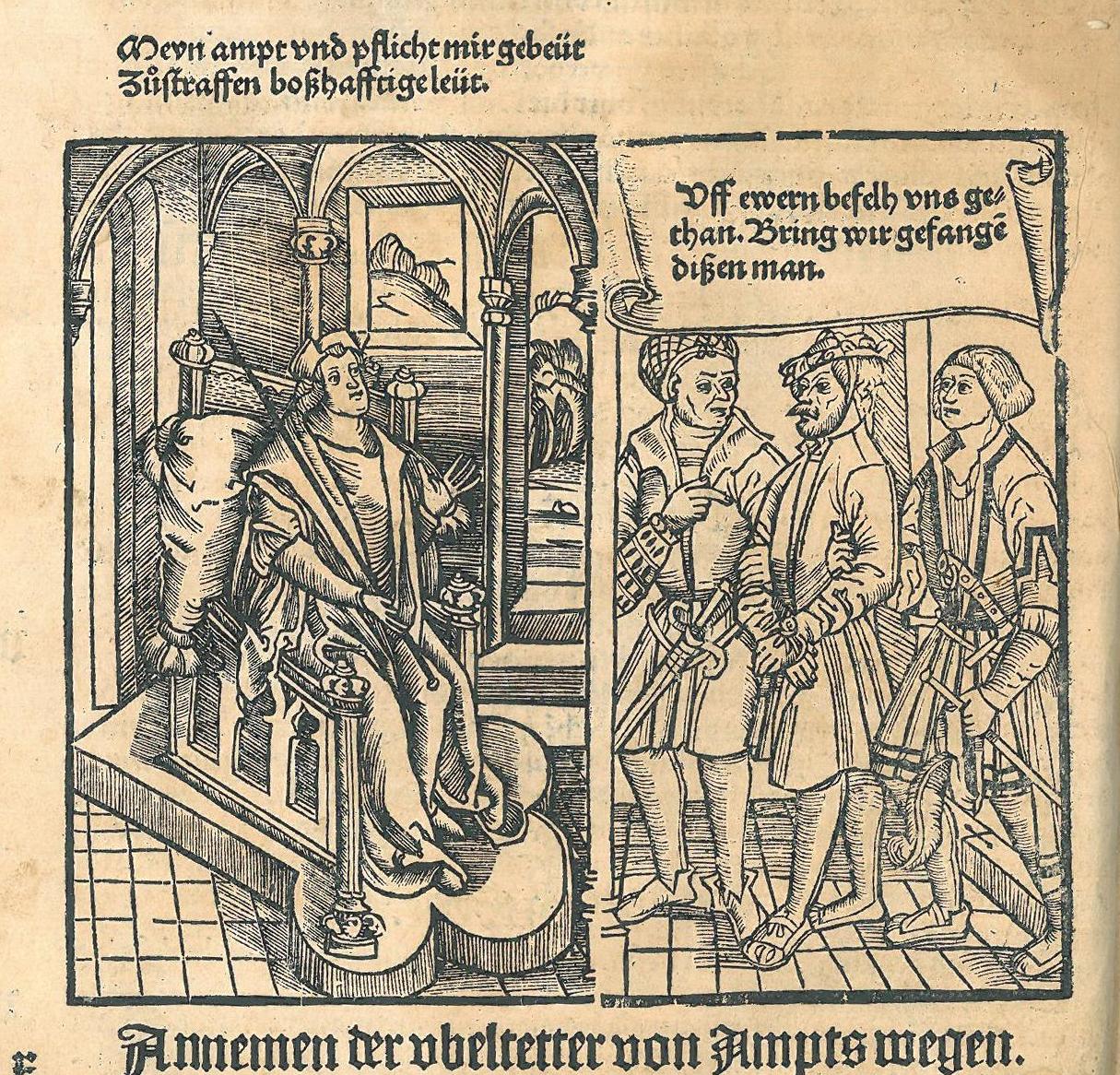 Slika 2: Lesorez št. 5: Pregon po uradni dolžnosti: osumljenca pred
                        sodnika privedeta dve sodni slugi (stran 18)