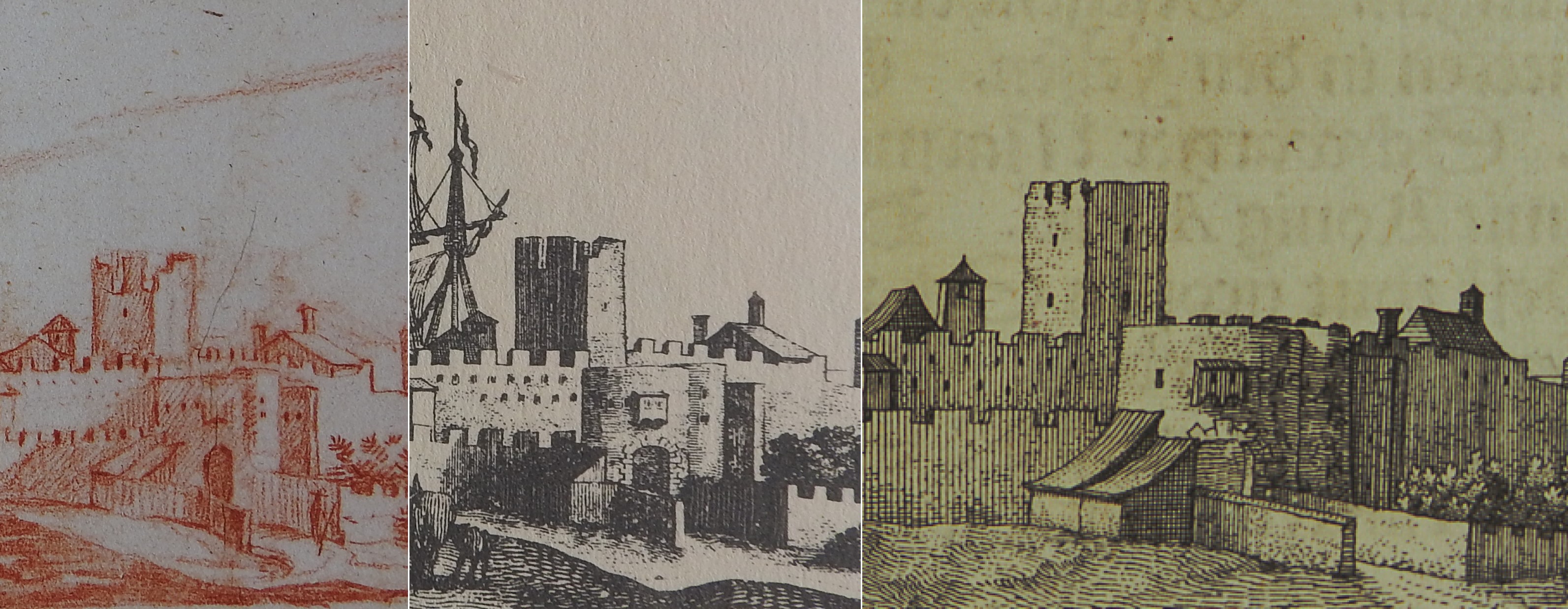 Slika 1: Različne upodobitve streh v Devinu po Valvasorju, 1678–1689 