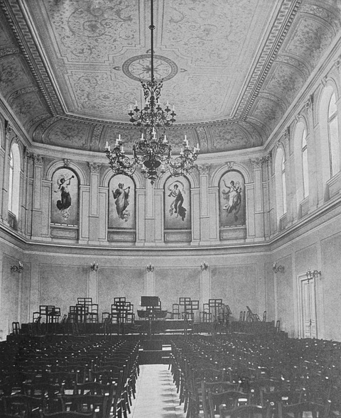 Figure 1: Heinrich Wettach, Paintings with the personifications of four
                  symphonic movements in the original Great Hall of the Ljubljana Philharmonic,
                  photo.