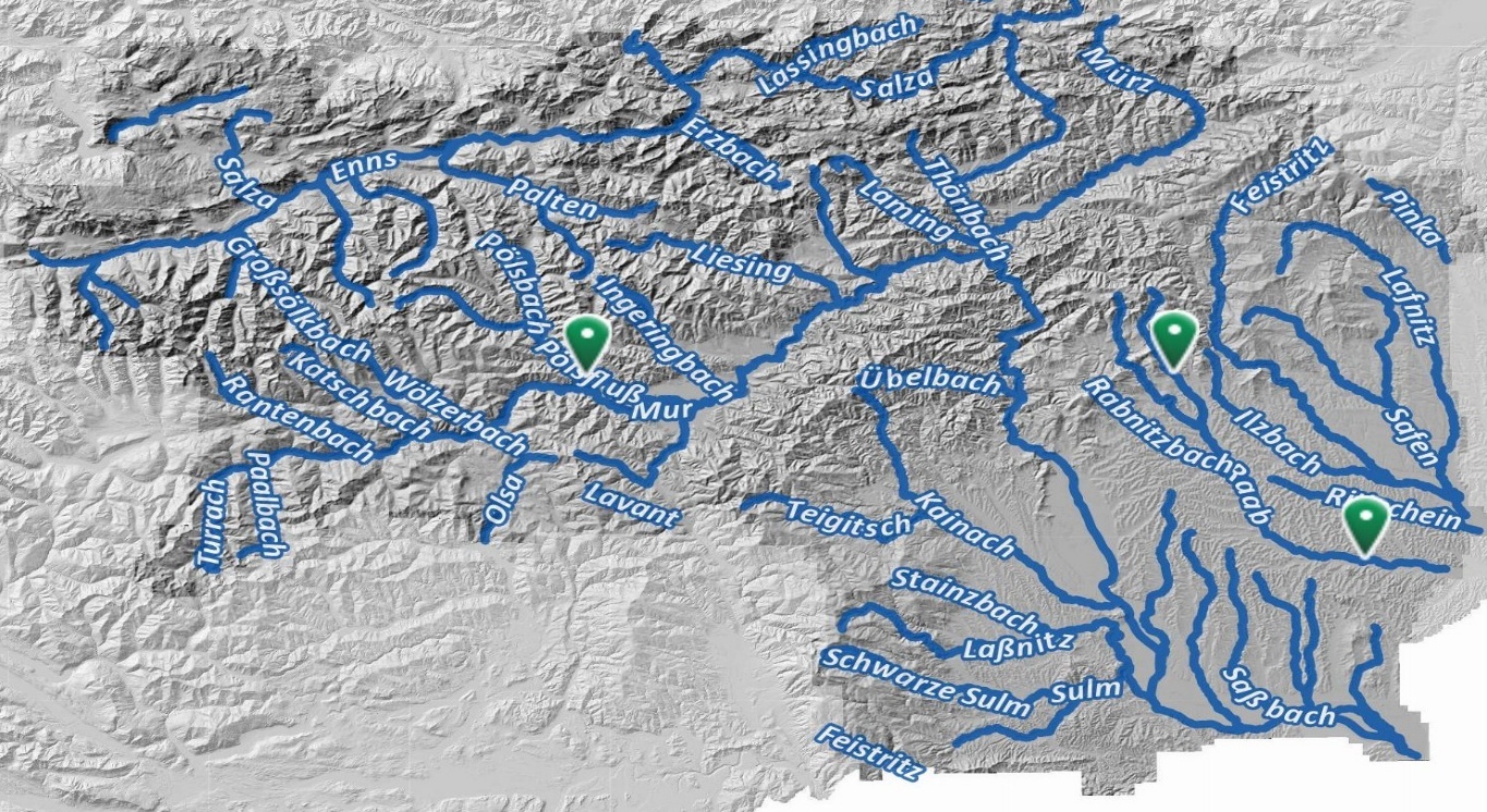Figure 1: Company locations – Zellstoff Pöls in the northwest near the Pöls
                  River, Mosdorfer in the east near the Weizbach, and Lugitsch in the southeast near
                  the Raab River – as well as Styria’s major rivers in general. 