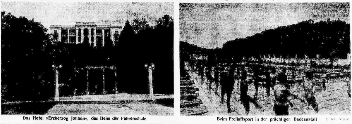 Slika 3: Slikovno gradivo iz omenjene časopisne novice o delovanju grupne šole SA za vojaškopolitično usposabljanje in ideološko vzgajanje vermanskih vodij in podvodij v Rogaški Slatini. Leva fotografija s pripisom je bila posneta pred današnjo Kristalno dvorano, desna fotografija prikazuje zunanjo telovadbo vermanskih tečajnikov v zdraviliškem kopališču.